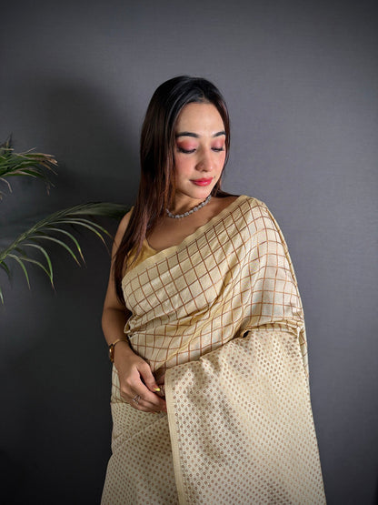 Elora Off White Soft Lichi Silk Banarasi Khicha Zari Work Saree