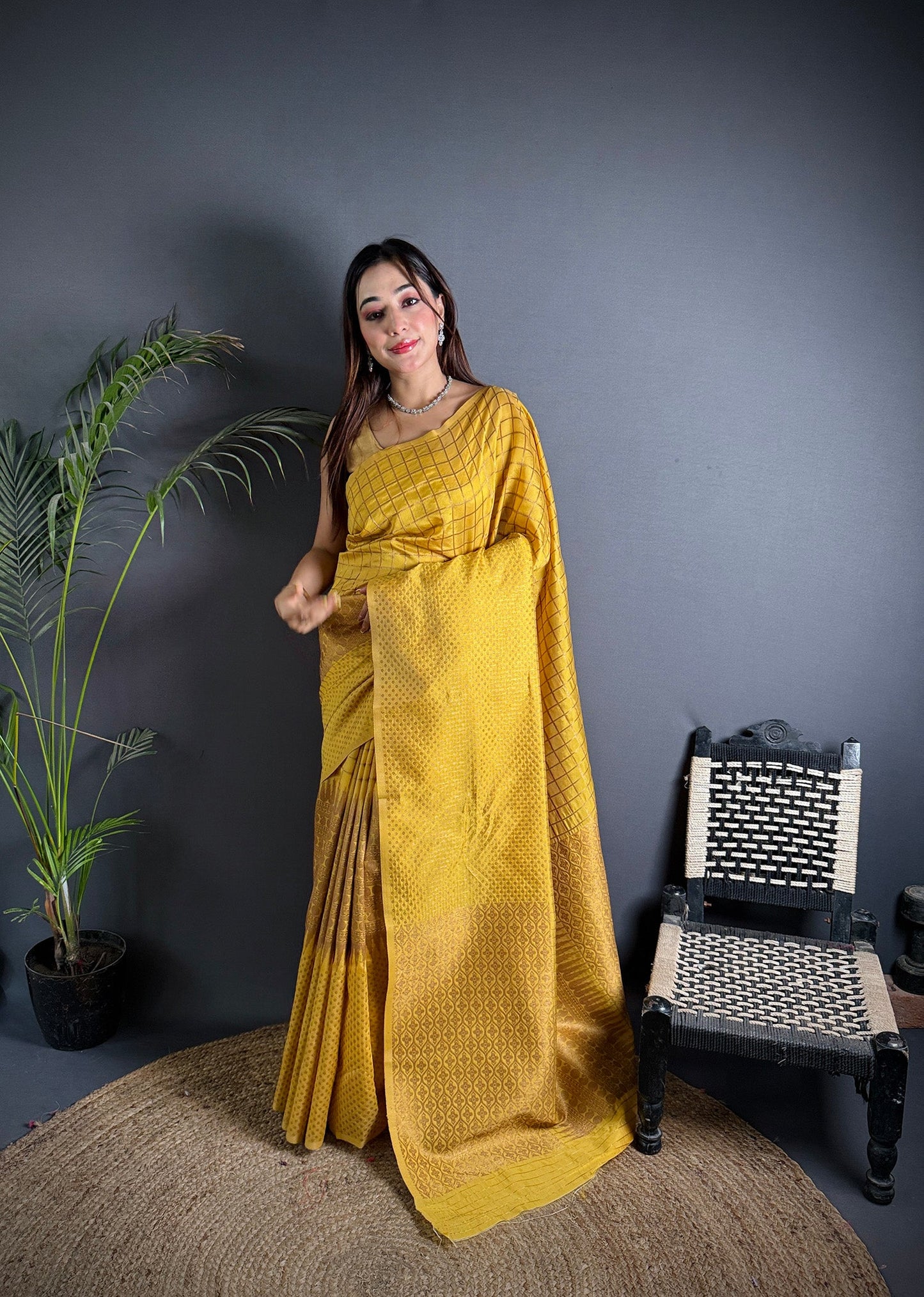 Elora Golden Yellow Soft Lichi Silk Banarasi Khicha Zari Work Saree