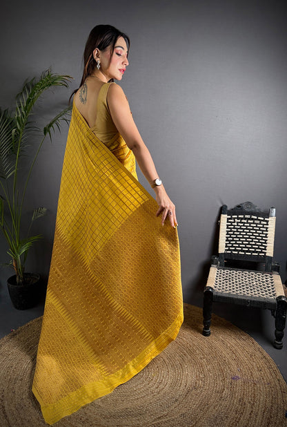 Elora Golden Yellow Soft Lichi Silk Banarasi Khicha Zari Work Saree