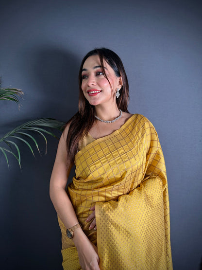 Elora Golden Yellow Soft Lichi Silk Banarasi Khicha Zari Work Saree