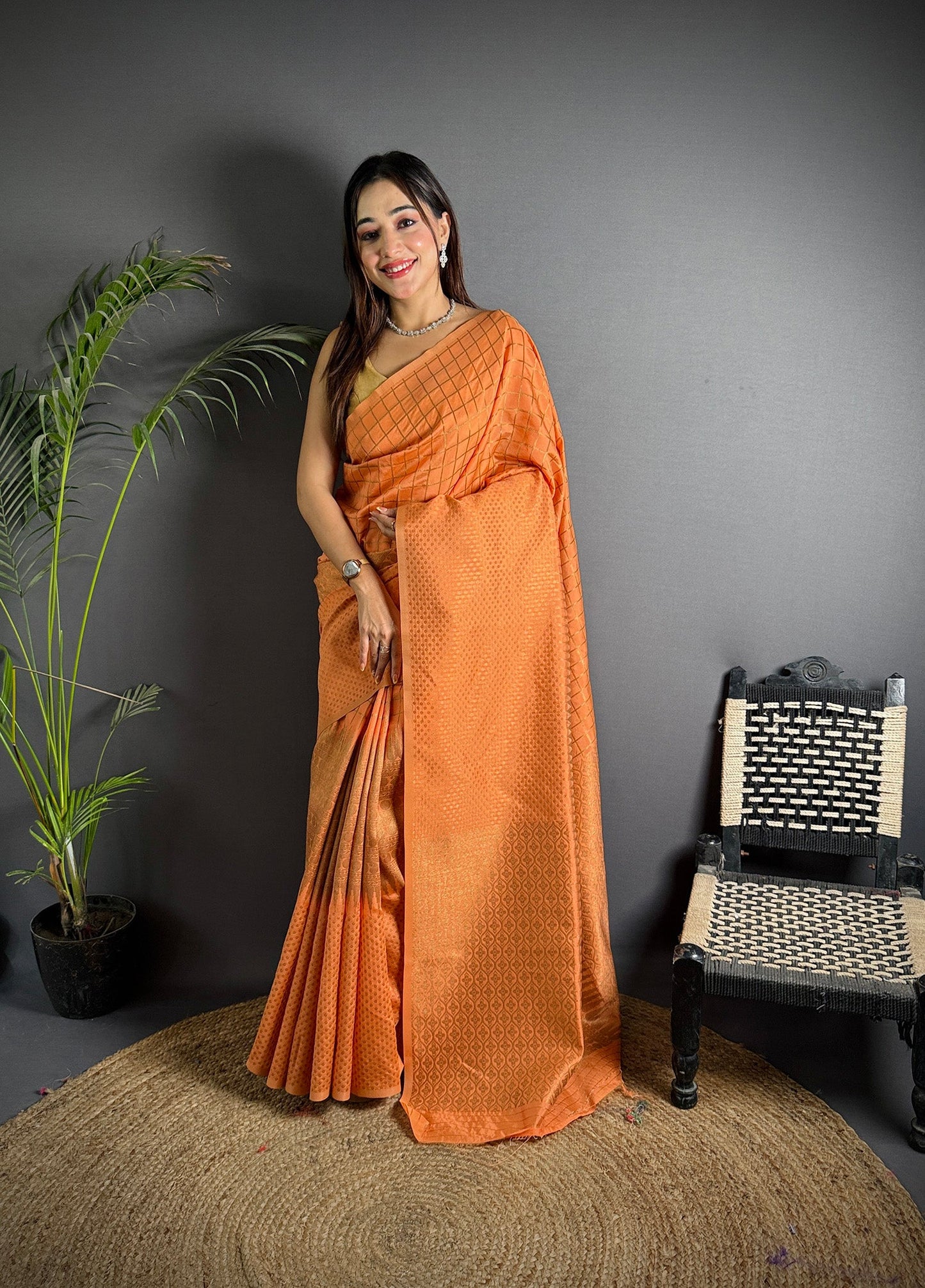 Elora Orange Soft Lichi Silk Banarasi Khicha Zari Work Saree