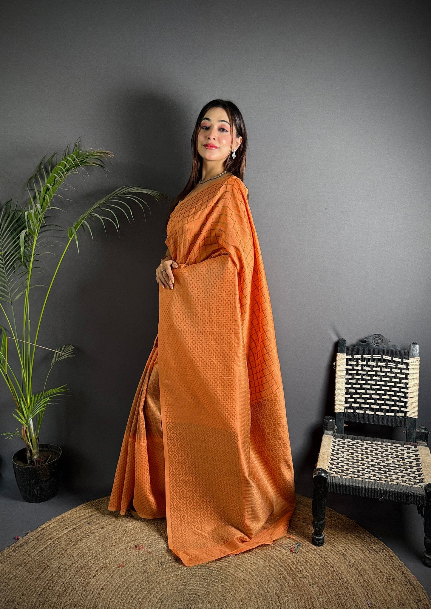 Elora Orange Soft Lichi Silk Banarasi Khicha Zari Work Saree