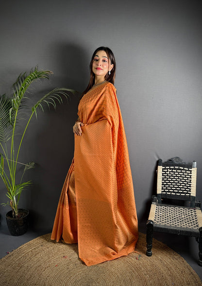 Elora Orange Soft Lichi Silk Banarasi Khicha Zari Work Saree