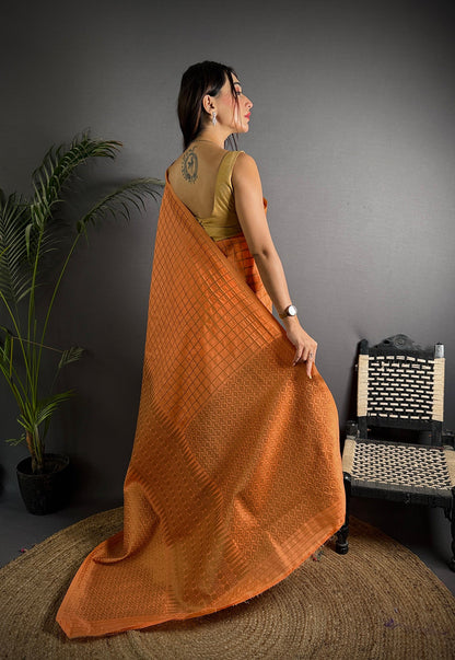 Elora Orange Soft Lichi Silk Banarasi Khicha Zari Work Saree