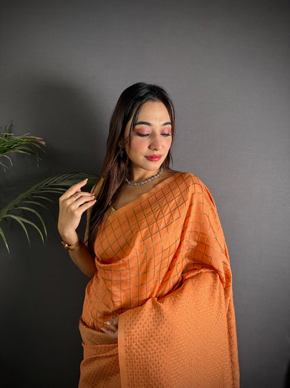 Elora Orange Soft Lichi Silk Banarasi Khicha Zari Work Saree