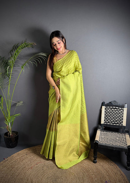 Elora Light Green Soft Lichi Silk Banarasi Khicha Zari Work Saree