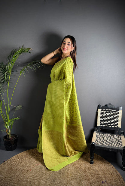 Elora Light Green Soft Lichi Silk Banarasi Khicha Zari Work Saree