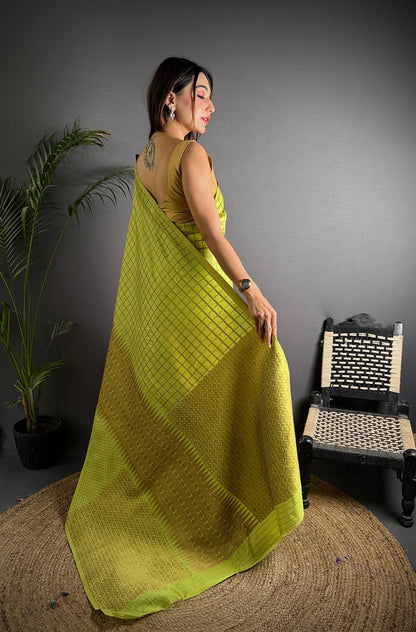 Elora Light Green Soft Lichi Silk Banarasi Khicha Zari Work Saree