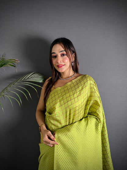 Elora Light Green Soft Lichi Silk Banarasi Khicha Zari Work Saree