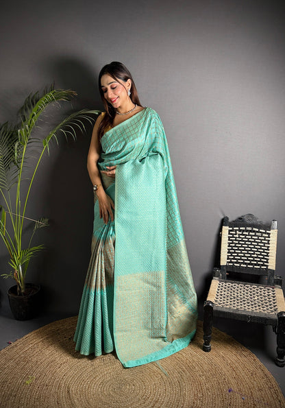 Elora Light Blue Soft Lichi Silk Banarasi Khicha Zari Work Saree