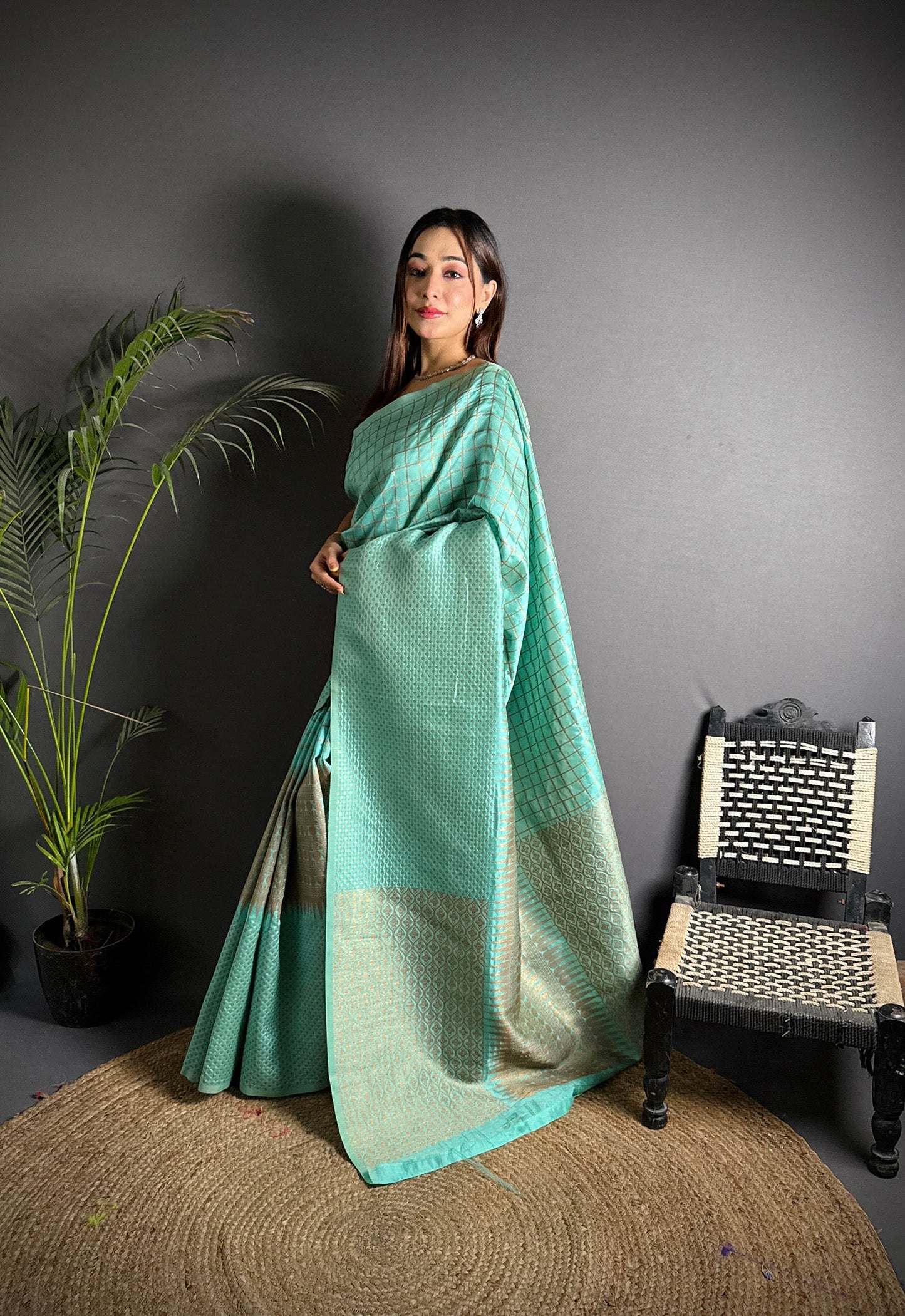 Elora Light Blue Soft Lichi Silk Banarasi Khicha Zari Work Saree