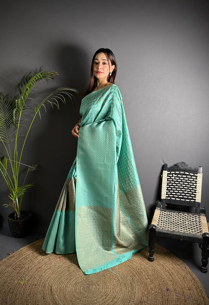 Elora Light Blue Soft Lichi Silk Banarasi Khicha Zari Work Saree