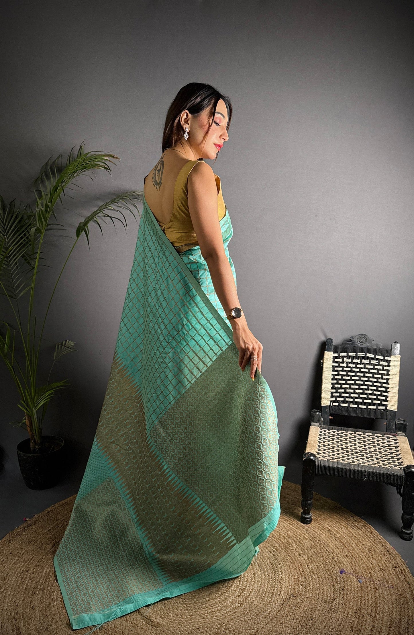 Elora Light Blue Soft Lichi Silk Banarasi Khicha Zari Work Saree
