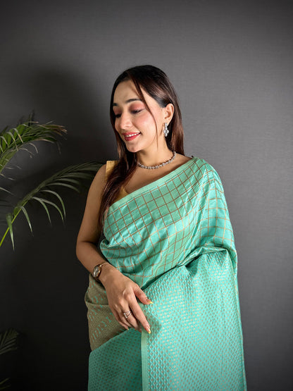 Elora Light Blue Soft Lichi Silk Banarasi Khicha Zari Work Saree