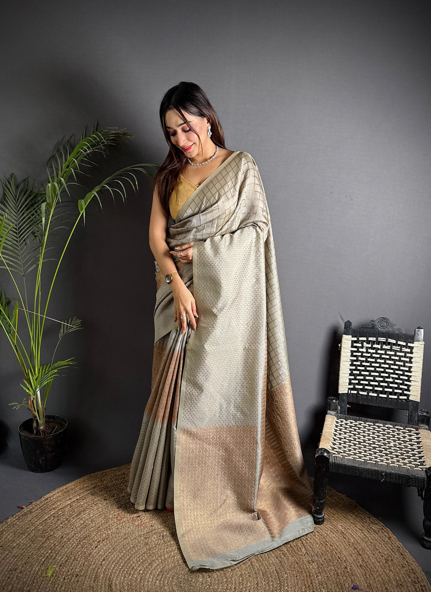 Elora Grey Soft Lichi Silk Banarasi Khicha Zari Work Saree
