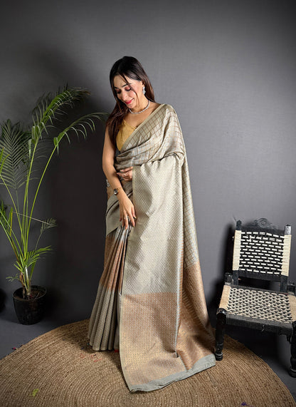 Elora Grey Soft Lichi Silk Banarasi Khicha Zari Work Saree