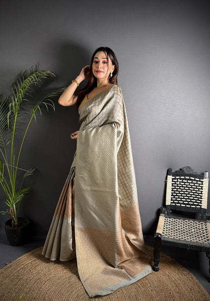 Elora Grey Soft Lichi Silk Banarasi Khicha Zari Work Saree
