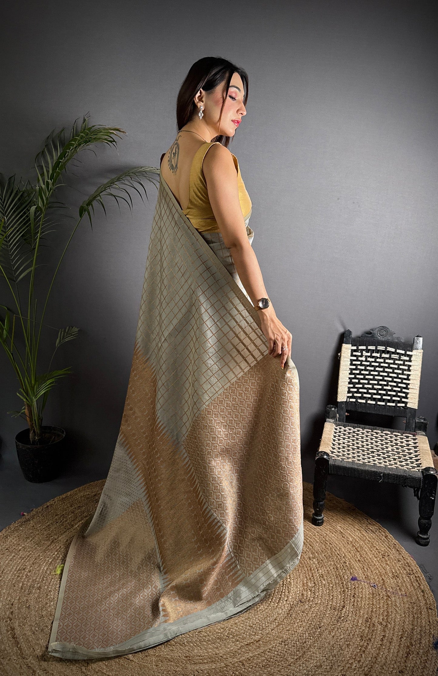 Elora Grey Soft Lichi Silk Banarasi Khicha Zari Work Saree