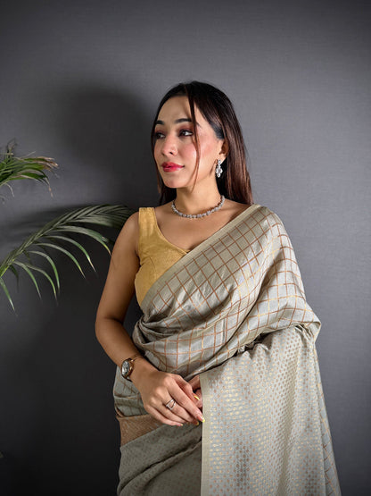 Elora Grey Soft Lichi Silk Banarasi Khicha Zari Work Saree
