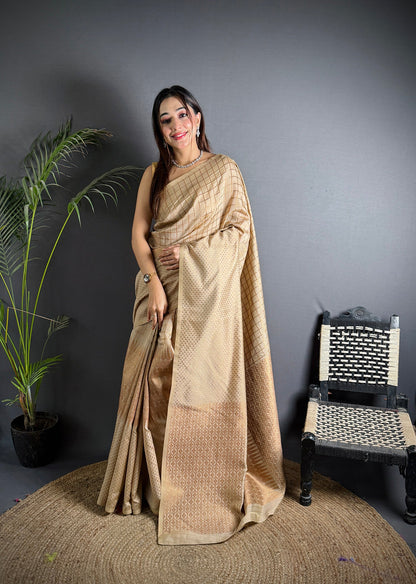 Elora Ivory Soft Lichi Silk Banarasi Khicha Zari Work Saree