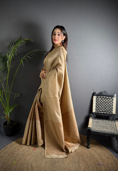 Elora Ivory Soft Lichi Silk Banarasi Khicha Zari Work Saree