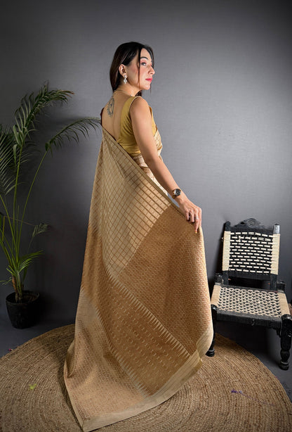 Elora Ivory Soft Lichi Silk Banarasi Khicha Zari Work Saree