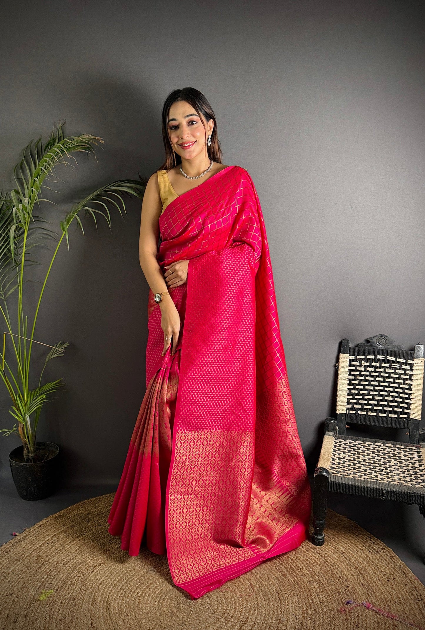 Elora Hot Pink Soft Lichi Silk Banarasi Khicha Zari Work Saree