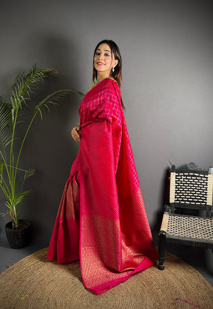 Elora Hot Pink Soft Lichi Silk Banarasi Khicha Zari Work Saree
