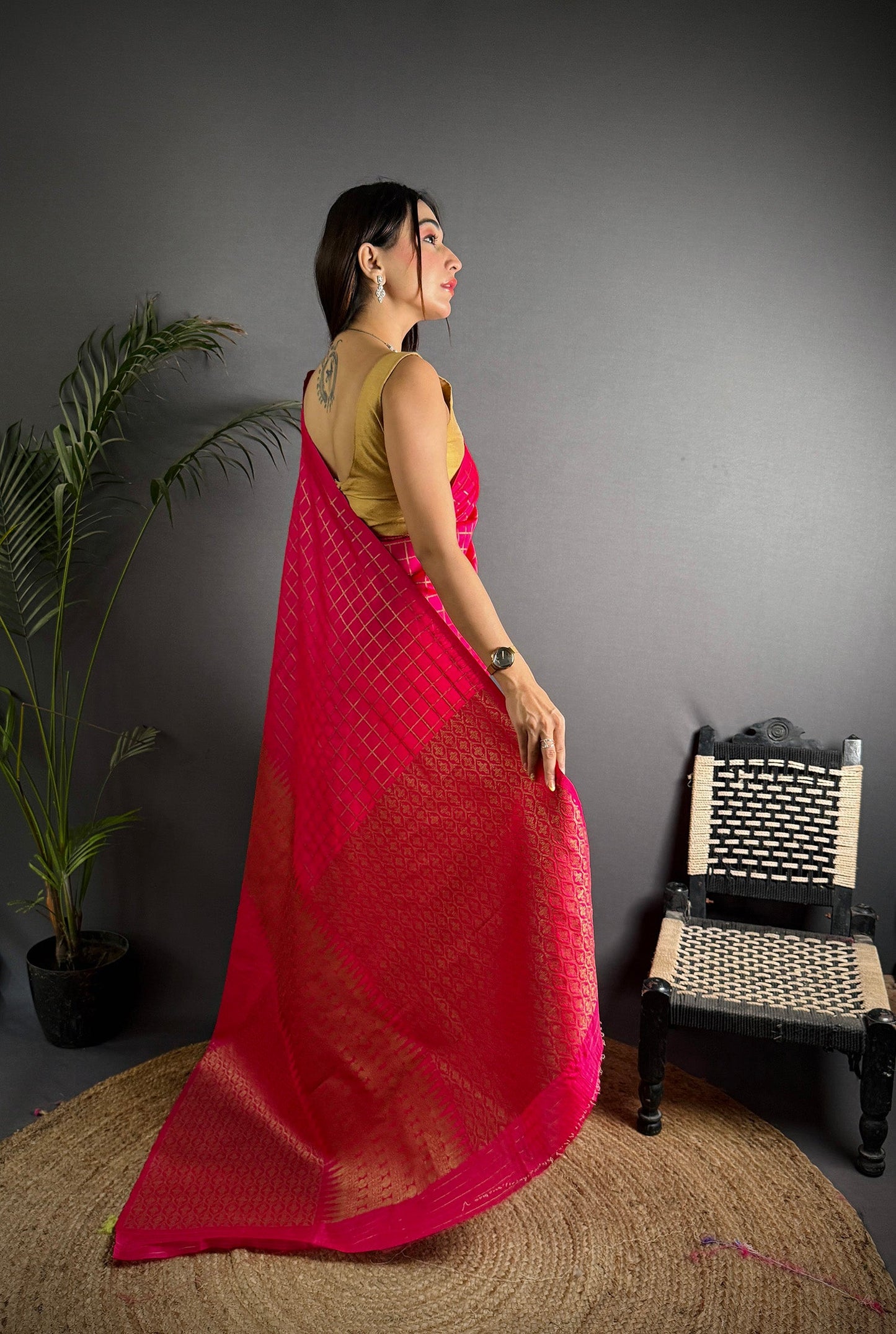 Elora Hot Pink Soft Lichi Silk Banarasi Khicha Zari Work Saree