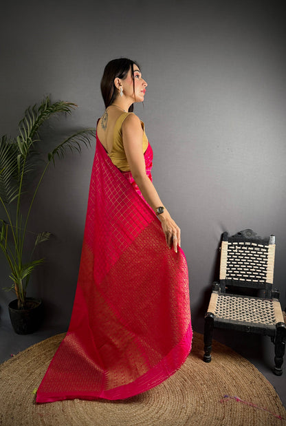 Elora Hot Pink Soft Lichi Silk Banarasi Khicha Zari Work Saree