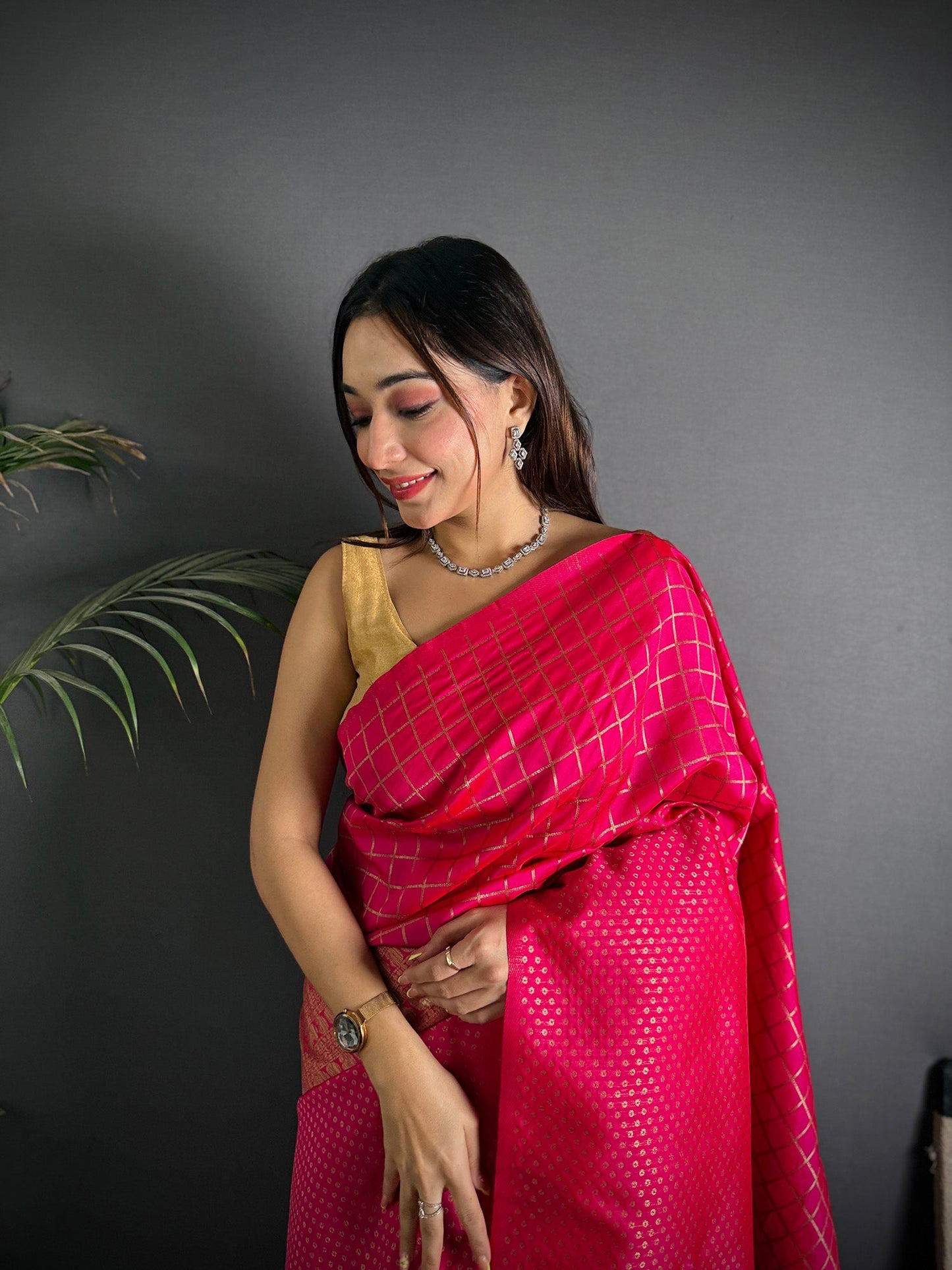 Elora Hot Pink Soft Lichi Silk Banarasi Khicha Zari Work Saree