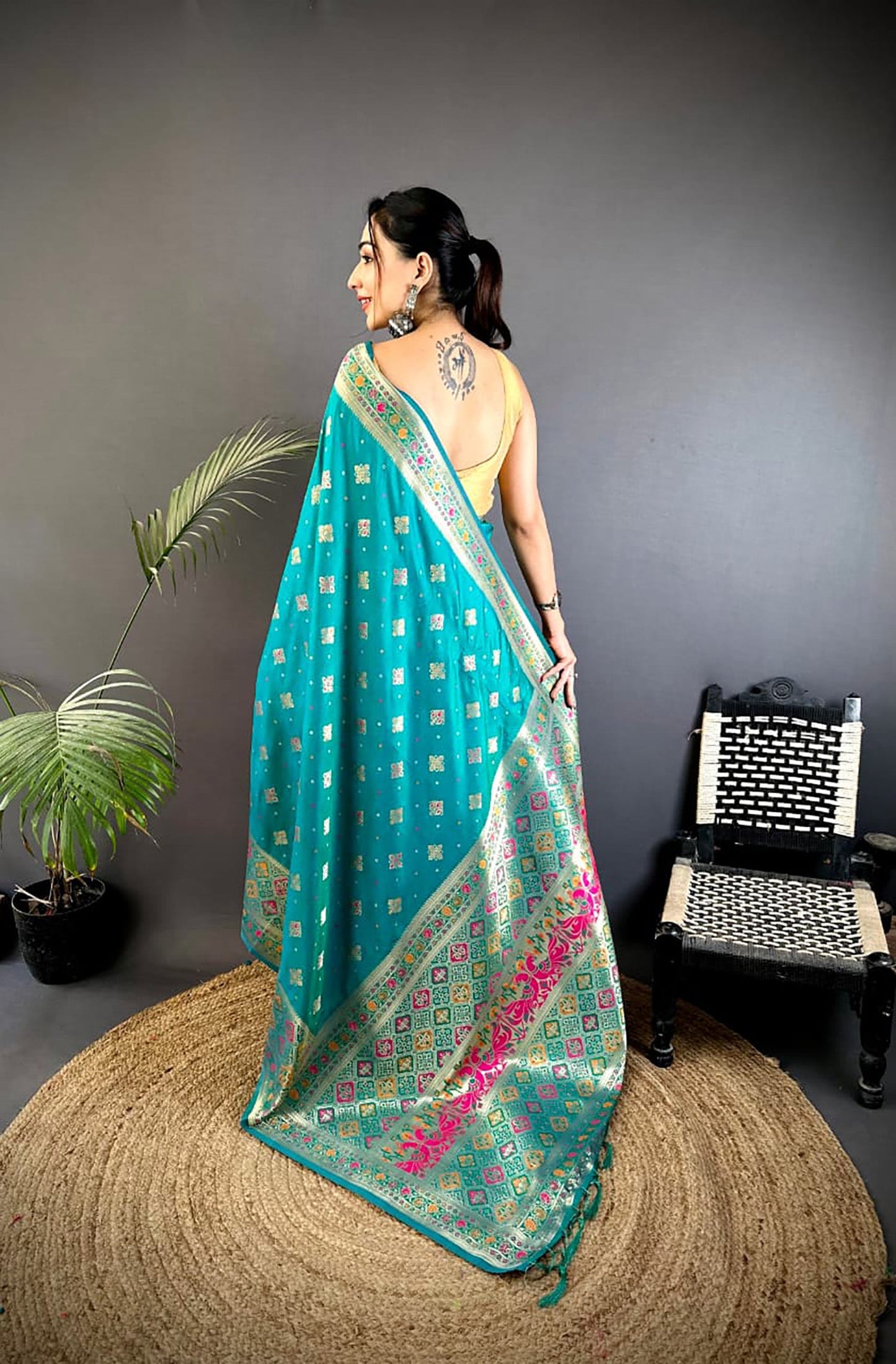 Joban Fashion Teal Banarasi Lichi Silk Meenakari Weaving Saree