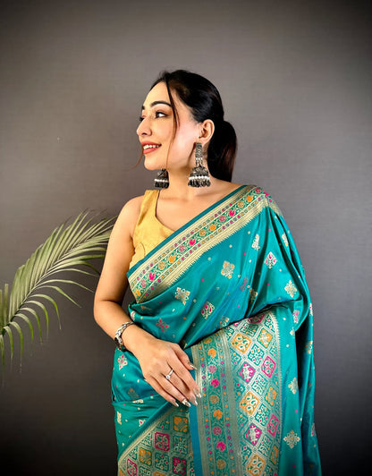 Joban Fashion Teal Banarasi Lichi Silk Meenakari Weaving Saree