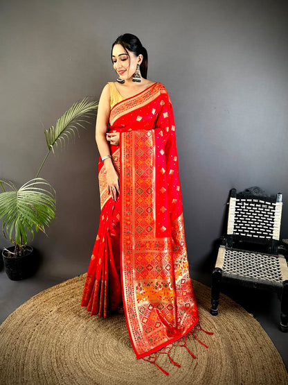 Joban Fashion Red Banarasi Lichi Silk Meenakari Weaving Saree