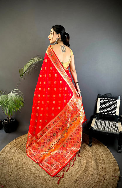 Joban Fashion Red Banarasi Lichi Silk Meenakari Weaving Saree