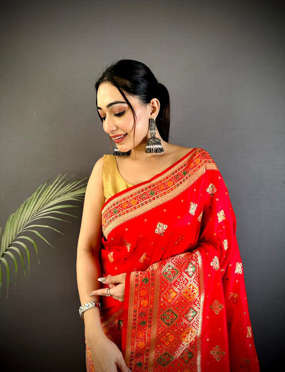Joban Fashion Red Banarasi Lichi Silk Meenakari Weaving Saree