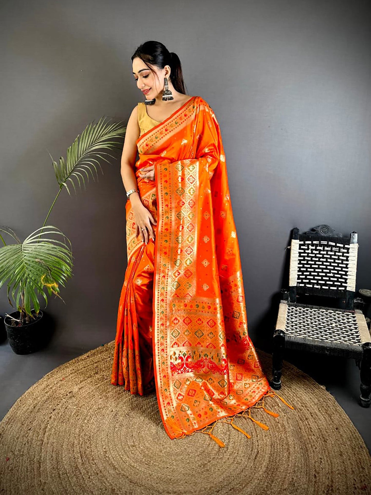 Joban Fashion Orange Banarasi Lichi Silk Meenakari Weaving Saree