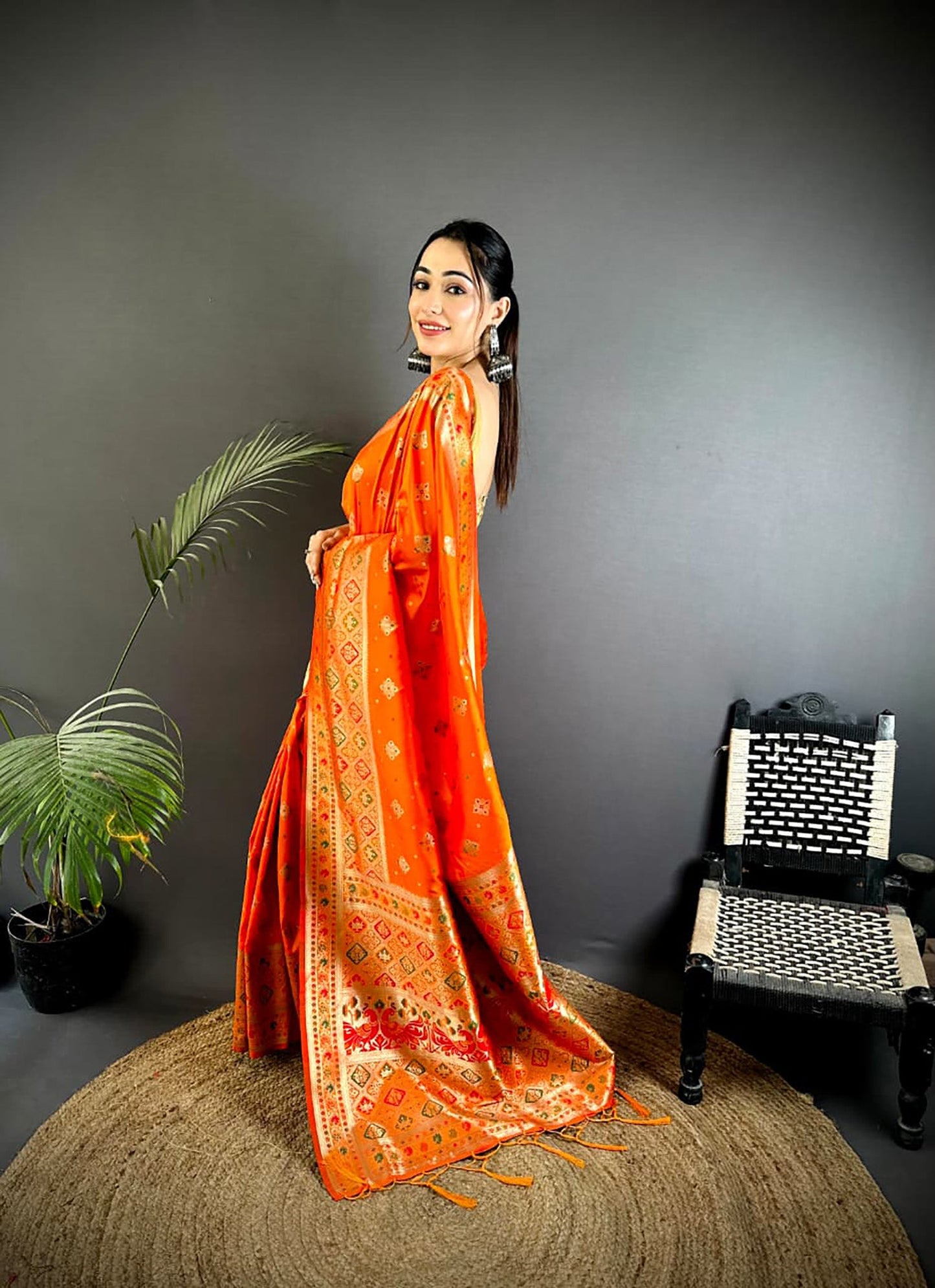 Joban Fashion Orange Banarasi Lichi Silk Meenakari Weaving Saree