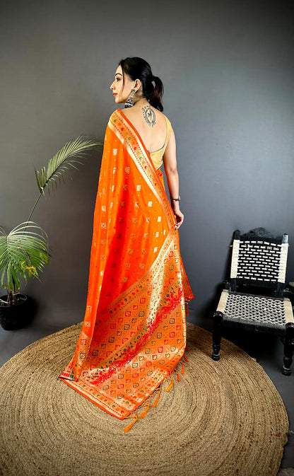 Joban Fashion Orange Banarasi Lichi Silk Meenakari Weaving Saree