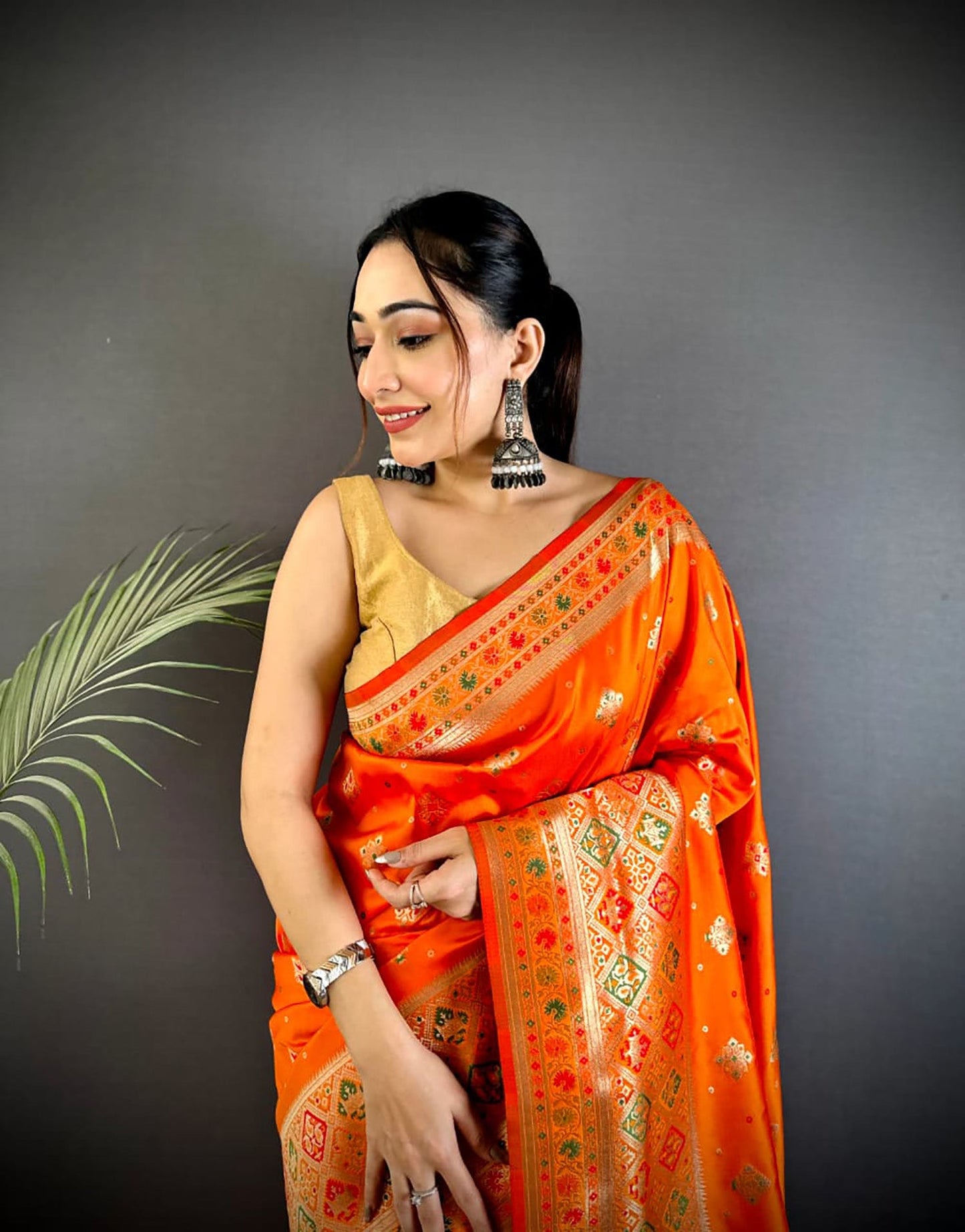Joban Fashion Orange Banarasi Lichi Silk Meenakari Weaving Saree