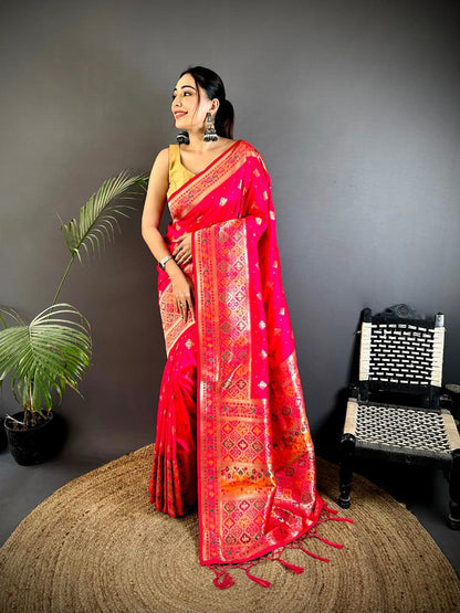 Joban Fashion Coral Pink Banarasi Lichi Silk Meenakari Weaving Saree