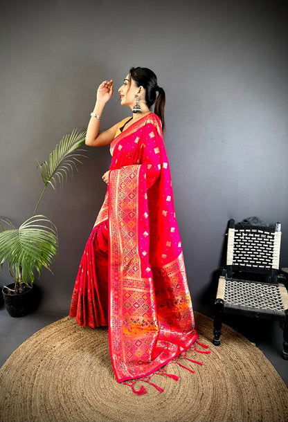 Joban Fashion Coral Pink Banarasi Lichi Silk Meenakari Weaving Saree