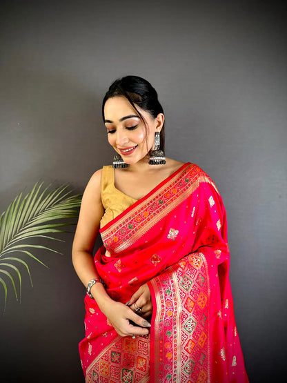 Joban Fashion Coral Pink Banarasi Lichi Silk Meenakari Weaving Saree