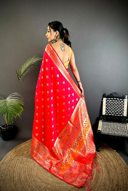 Joban Fashion Red Banarasi Lichi Silk Meenakari Weaving Saree