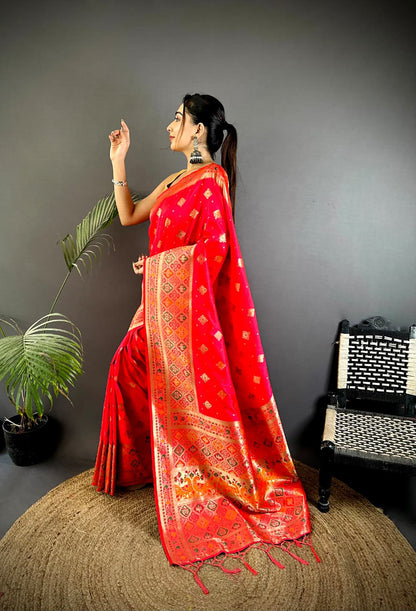 Joban Fashion Red Banarasi Lichi Silk Meenakari Weaving Saree