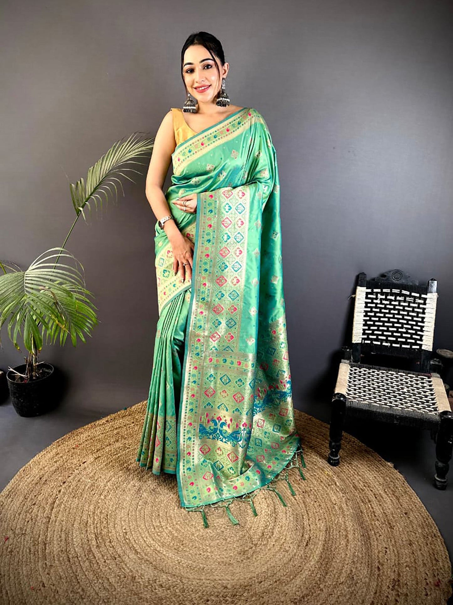 Joban Fashion Sea Green Banarasi Lichi Silk Meenakari Weaving Saree