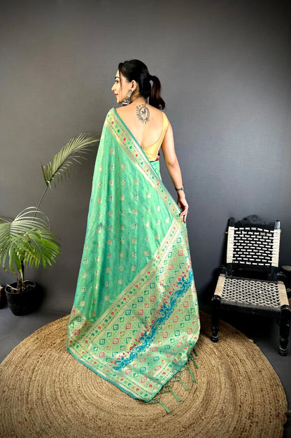 Joban Fashion Sea Green Banarasi Lichi Silk Meenakari Weaving Saree