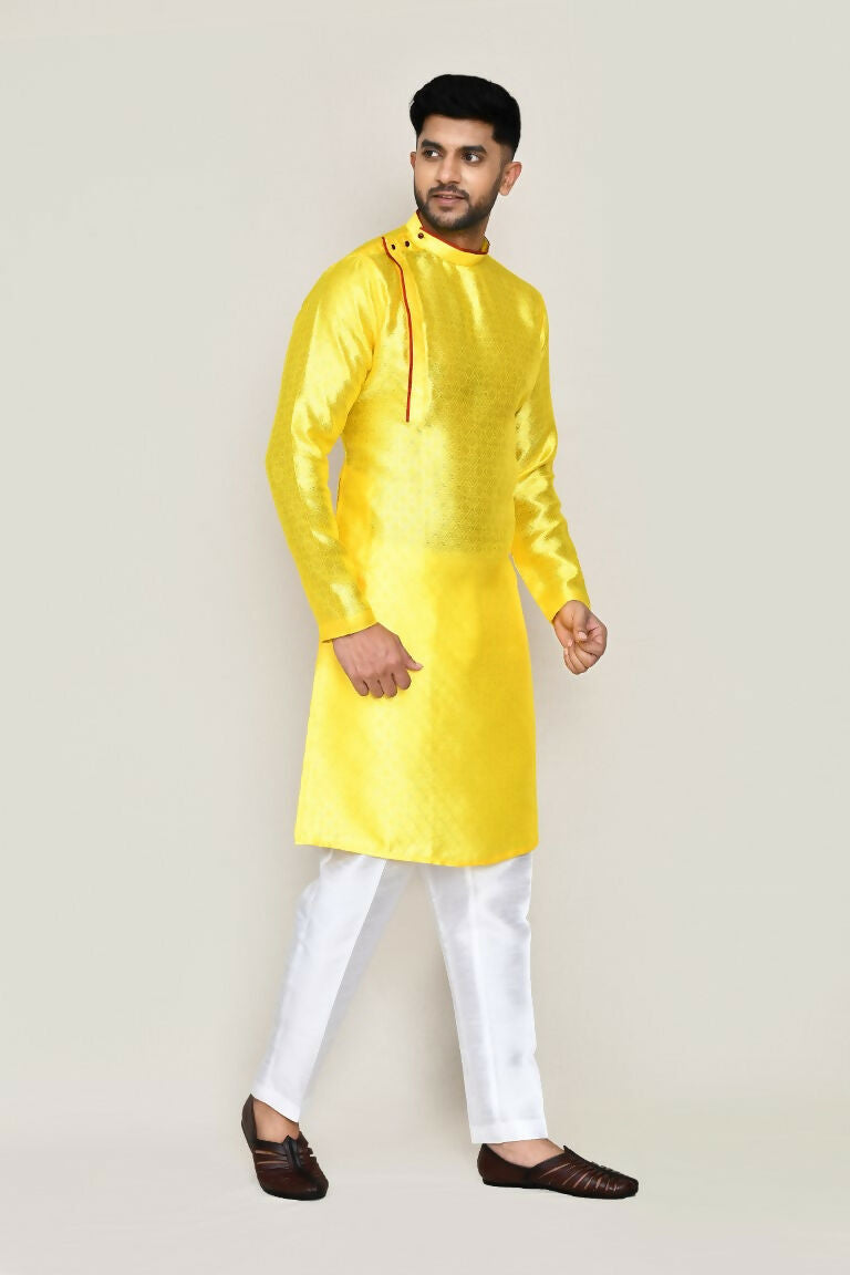 Joban Fashion Yellow Colored Jacquard Silk Fabric Kurta With Straight Fit Pant