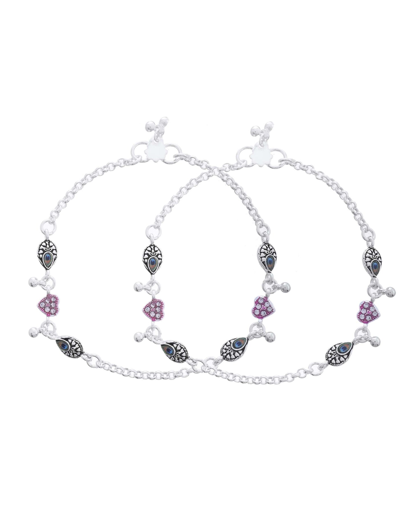 Jewels Nest Set of 2 Silver-Plated Stainless Steel Evil Eye & Pink Beaded Anklets