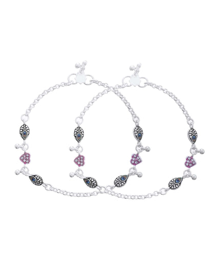 Jewels Nest Set of 2 Silver-Plated Stainless Steel Evil Eye & Pink Beaded Anklets